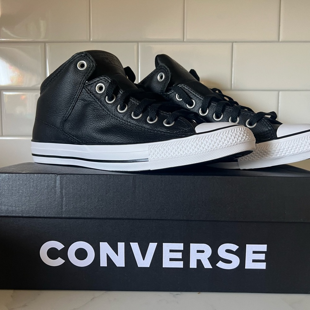 New inbox, converse, all-star, mid black and white leather shoes